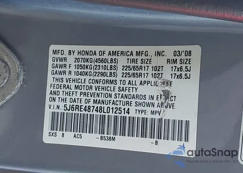 2008 Honda Cr-V Ex-L from USA, damaged, VIN 5J6RE48748L012514